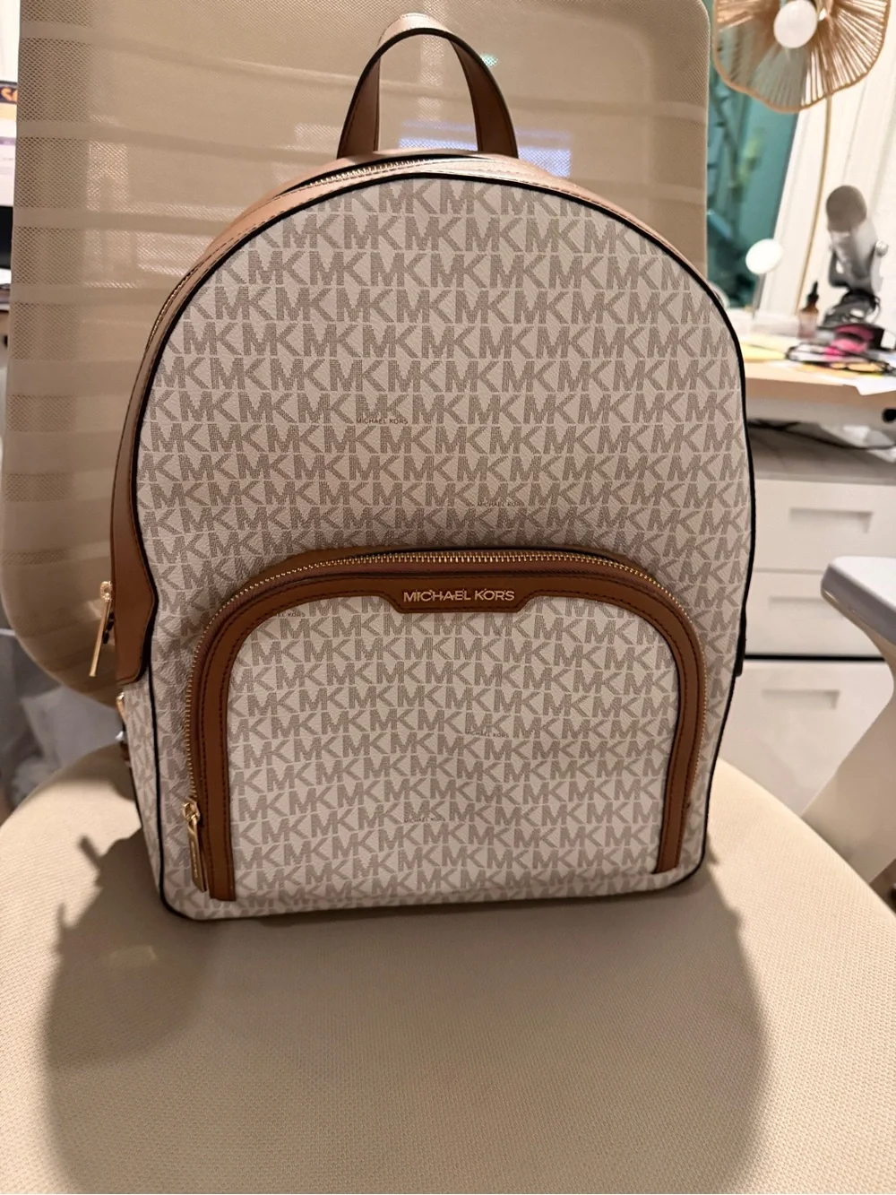 Michael Kors Cream and Brown Signature Backpack